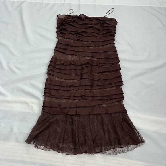 Carmen Marc Valvo Size 12 Brown Silk Lace Layered Strapless Dress NEW - Picture 9 of 16